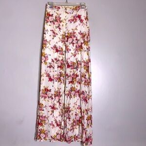 Reverse floral maxi button front skirt with front slit 90s style small